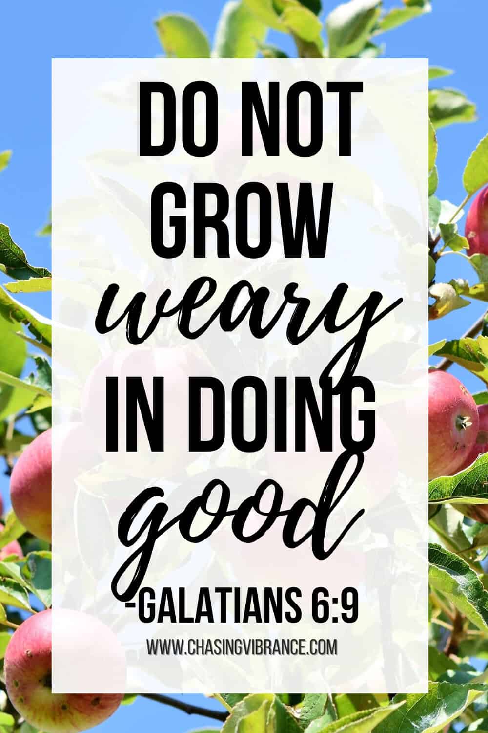 photo of an apple tree ready to be harvested with Scripture quote: do not grow weary in doing good" Galatians 6:9 in bold text overlay