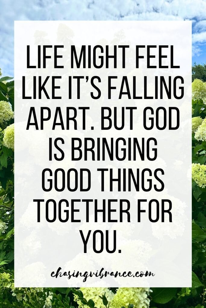 quote about God bringing good things when life is hard on background of white and green hydrangeas