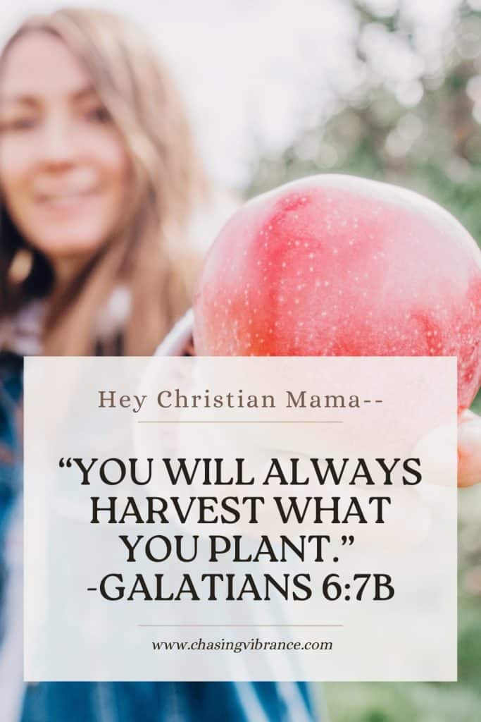 Woman holds an in focus red apple up to frame with apple orchard in the background. Text overlay says: you will always harvest what you plant