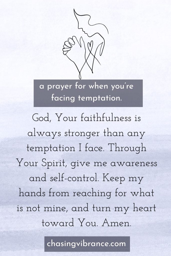 prayer for when you're tempted on a watercolor background with a cool gray-ish blue and a line drawing of a woman praying