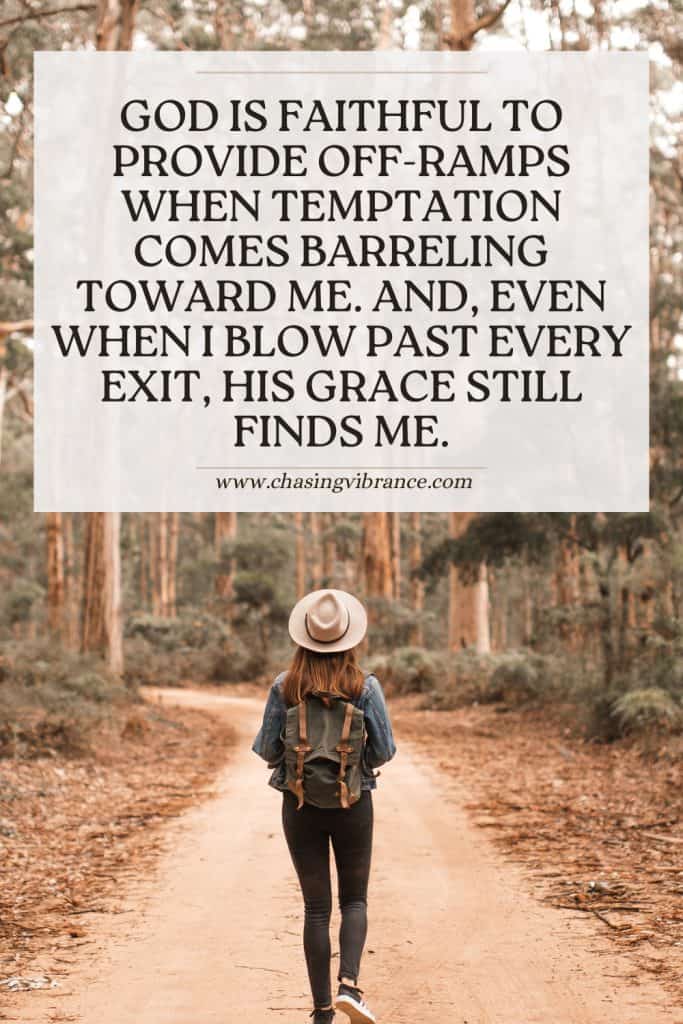 Woman standing in the middle of a wooded path with a tan hat on her head and a green backpack. Quote above about God being faithful in temptation