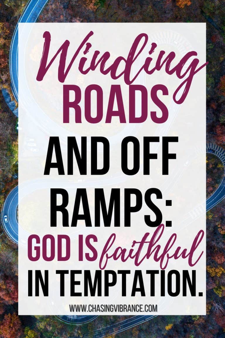 Scrolling font: Winding Roads and off ramps: God is faithful in temptation" text overlay on top of a overhead shot of a winding highway in the fall mountains