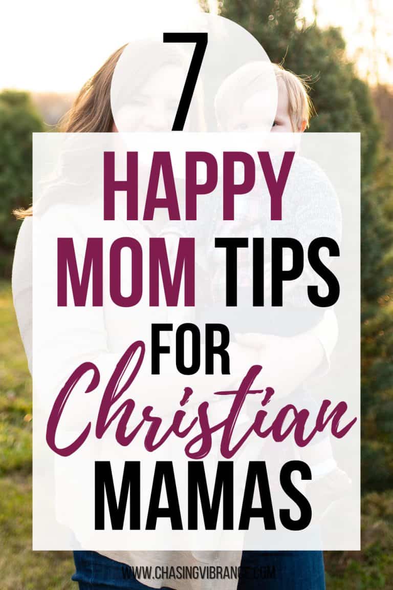 woman holds a baby in her arms in a cute sweater. Text overlay reads: 7 happy mom tips for Christian mamas