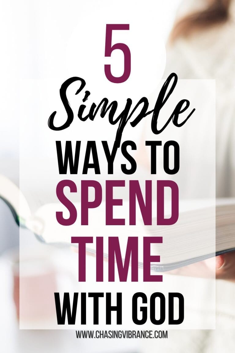 Woman in white shirt holds open her Bible reading it before an open window text overlay reads: 5 simple ways to spend time with God