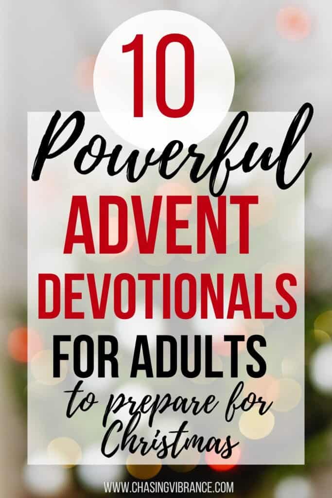 image of a Christmas tree out of focus with bokka effect text overlay reads: 10 powerful advent devotionals for adults