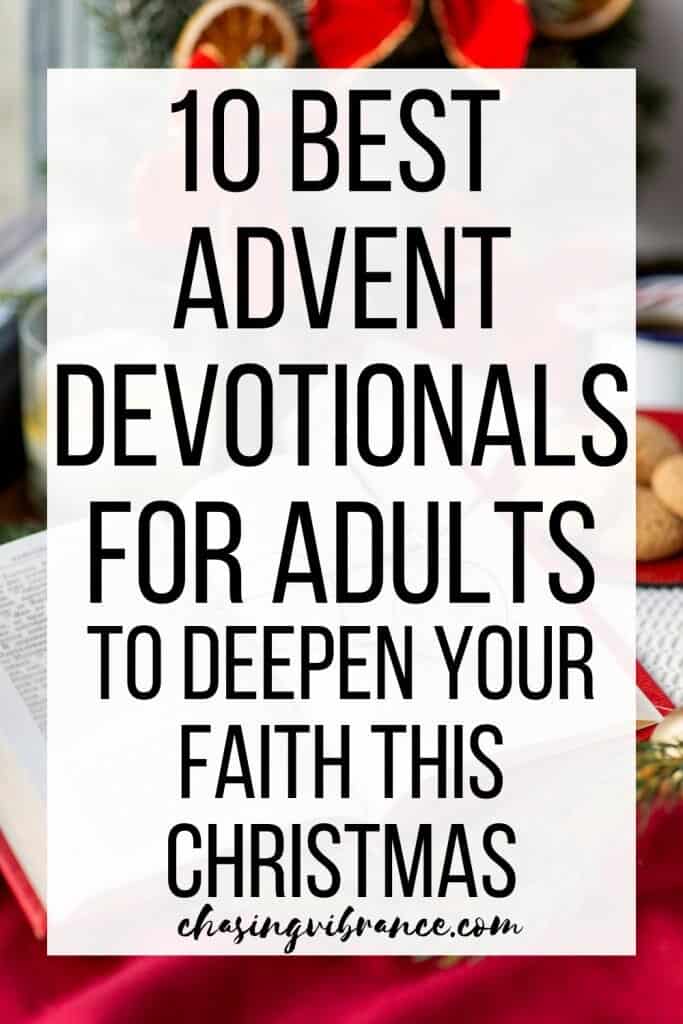 photo of a Bible, christmas cookies, red bow and a bright red tablecloth in background. Text overlay reads: best advent devotionals for adults to deepen your faith this christmas