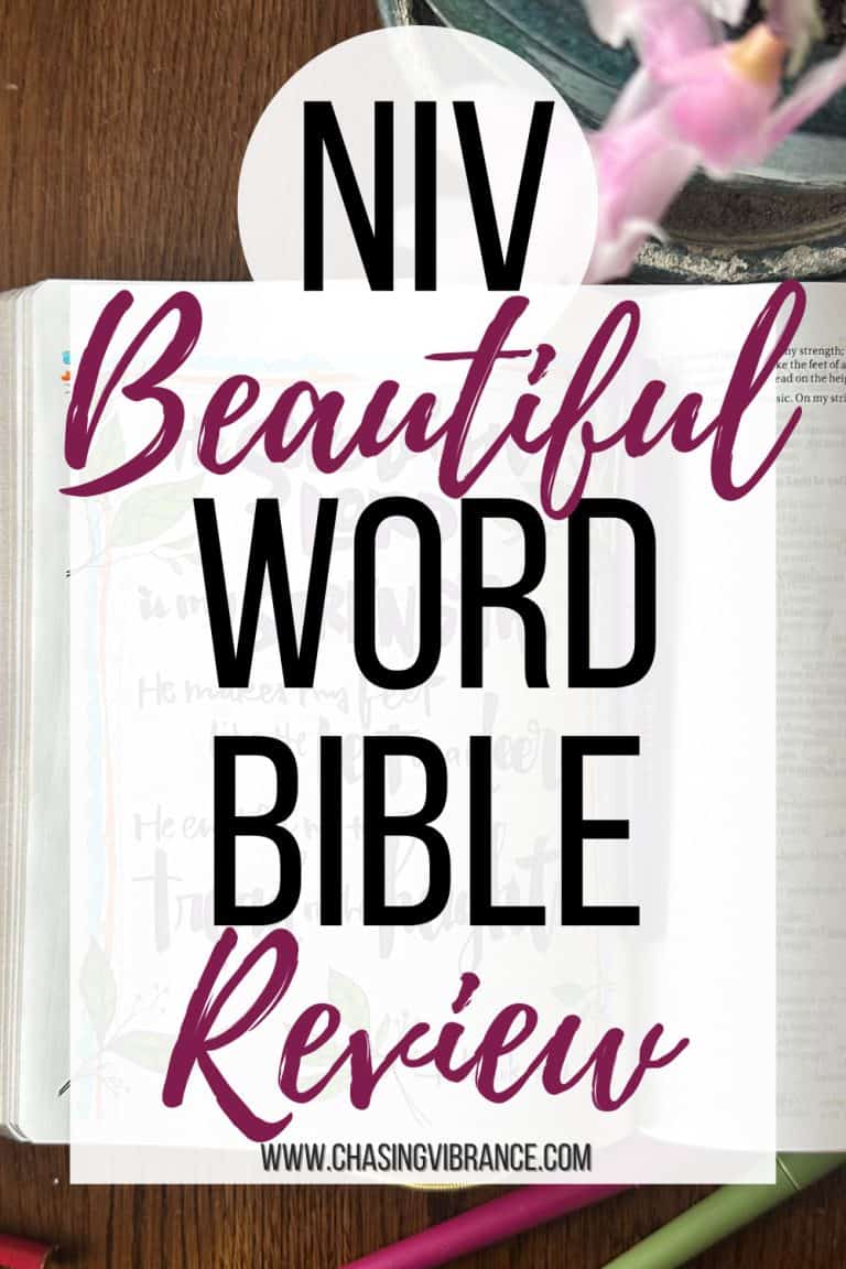 open page of the NIV Beautiful Word Bible illustrated coloring page with a christmas cactus plant and journaling pens beside it with the large text overlay reading: NIV Beautiful Word Bible Review