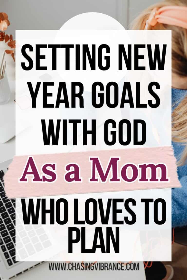 a Christian mom makes goals with her computer, Bible and a planner open in front of her. She is wearing a blue shirt and a peach headband. Text overlay says: setting new years goals with God as a mom who loves to plan