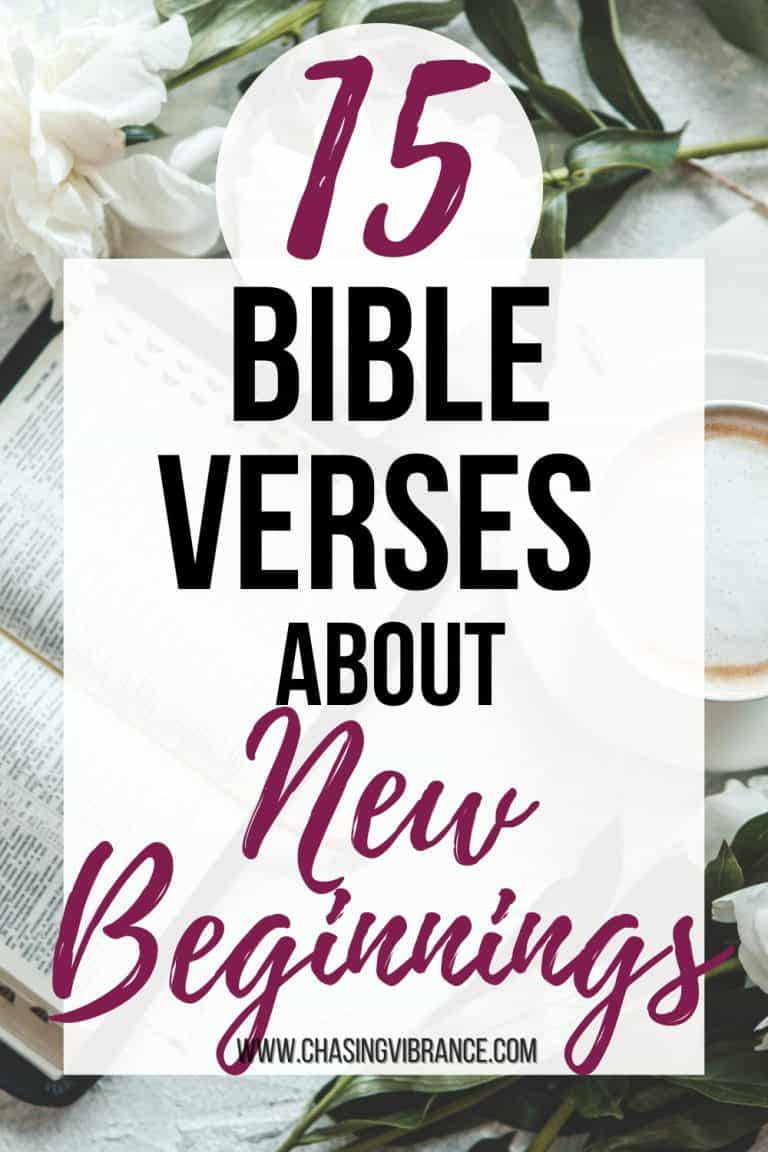 Bible with a latte mug and white flowers lays at on a white tablecloth with text overlay reading 15 Bible verses about new beginnings
