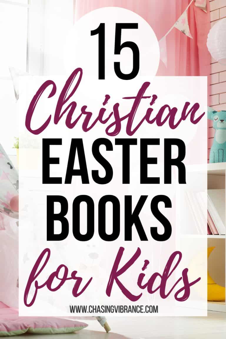 Photo of a kids room with bookshelf decorated in soft pinks, yellows, and teals with large text overlay reading: 15 christian easter books for kids