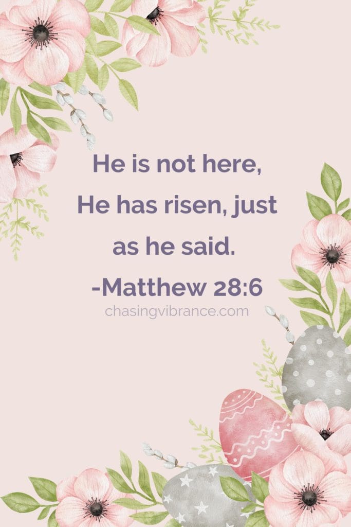 he is not here he has risen Bible verse with watercolor flowers and leaves around the edges