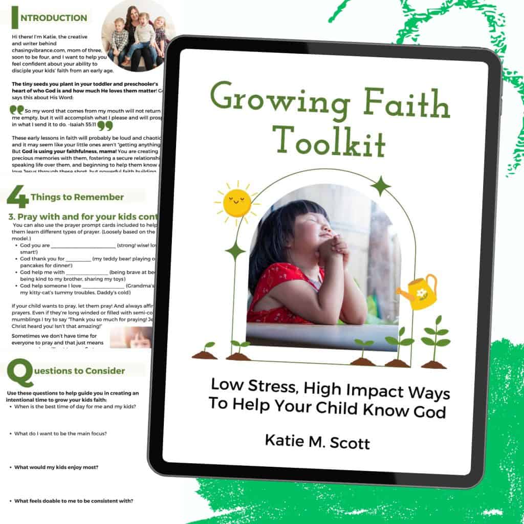 Online e-book about growing faith in children promo image with pages from book and a small child praying on the front with title Growing Faith Toolkit