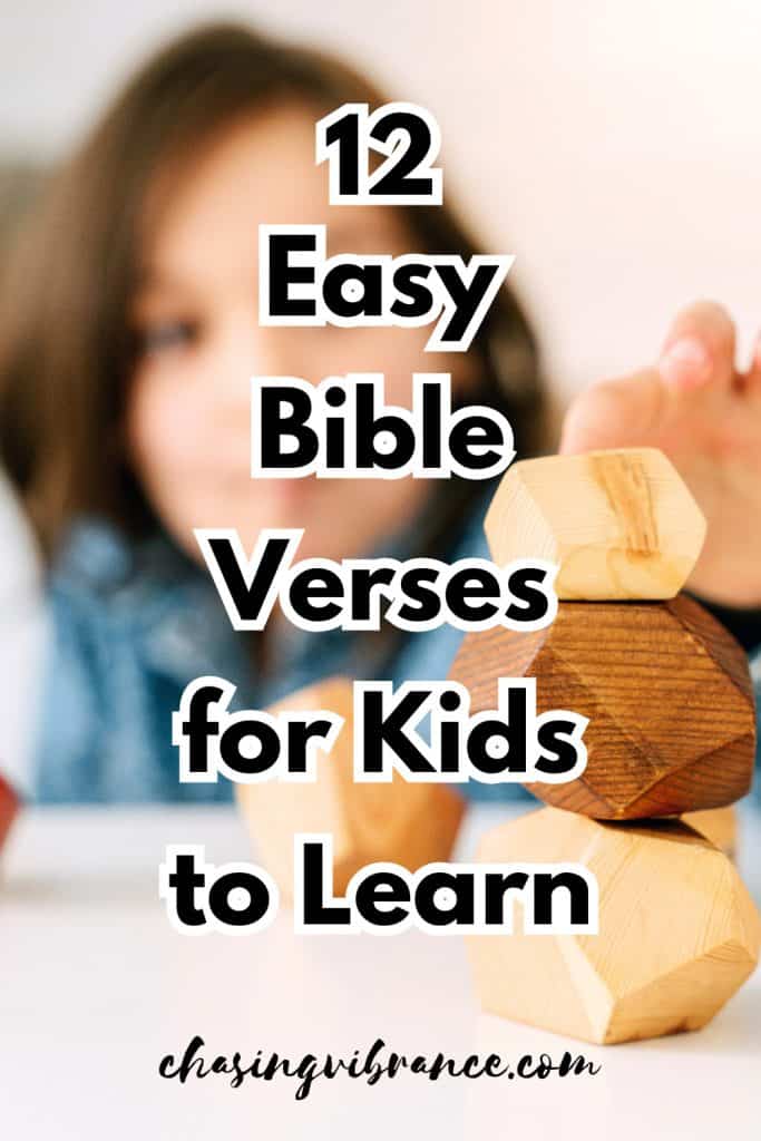 child building with montessori blocks with large text overlay reading: Easy bible verses to memorize for kids