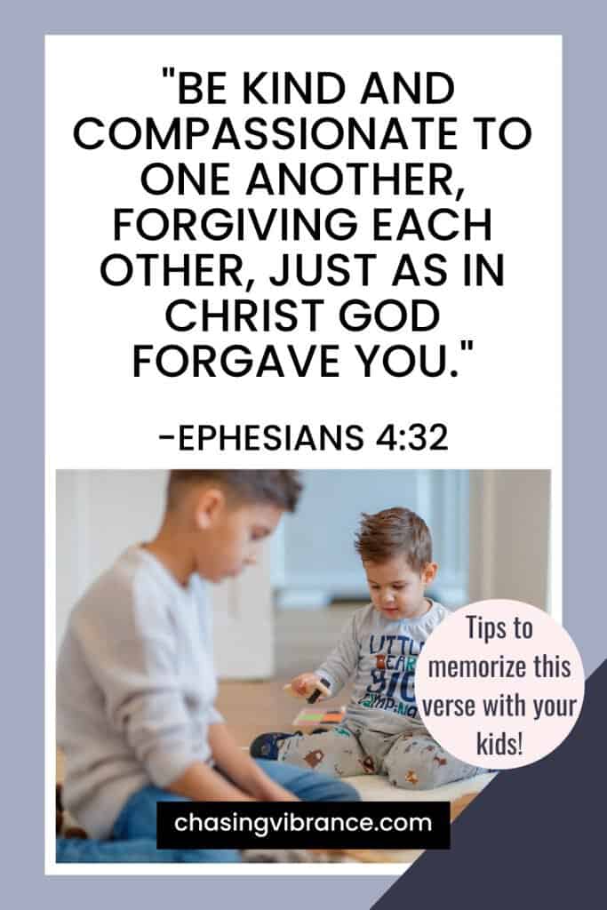 be kind and compassionate to one another Bible verse for kids to memorize with a photo of two brothers playing nicely together