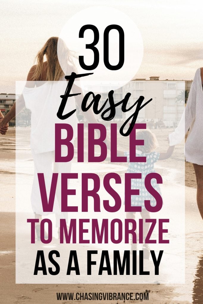family of four holds hands at the beach facing away from camera. Text reads: easy Bible verses to memorize as a family