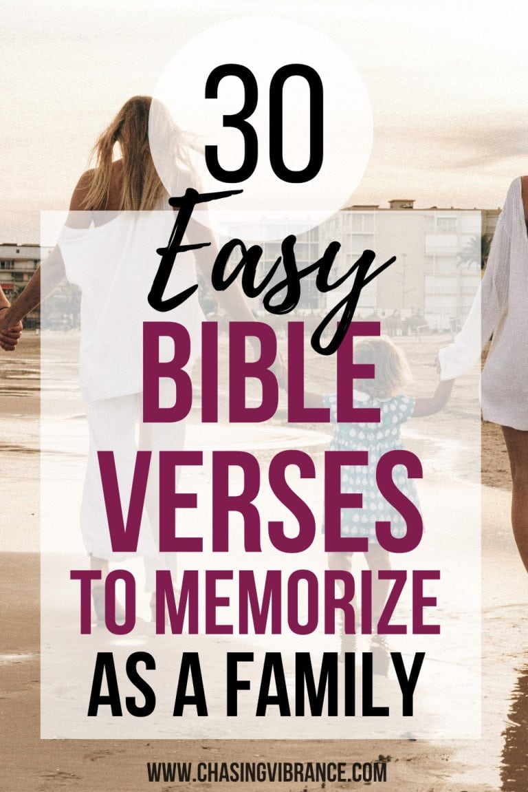 family of four holds hands at the beach facing away from camera. Text reads: easy Bible verses to memorize as a family