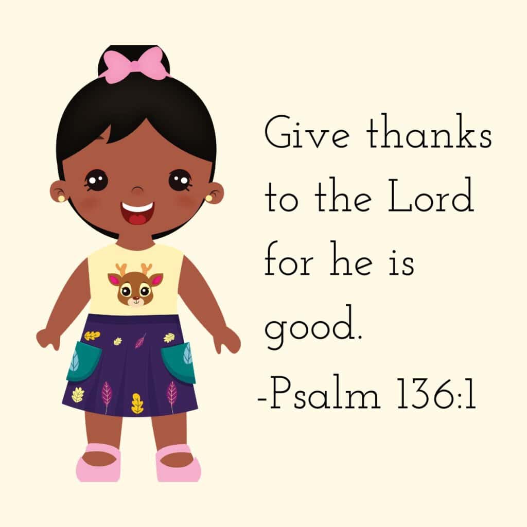 give thanks to the lord Bible memory card for preschoolers with graphic of a small girl in a yellow shirt on it smiling