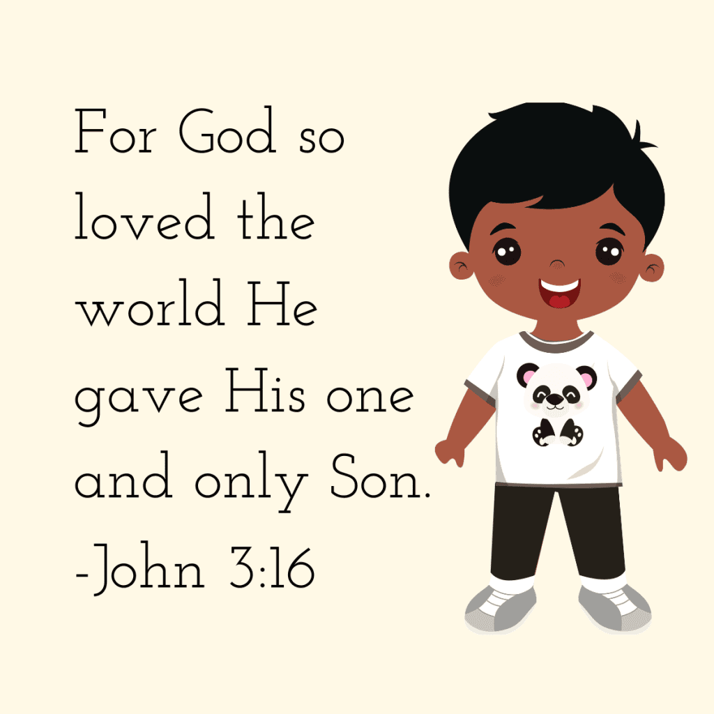 john 3:16 for kids memory verse card with smiling young boy on it