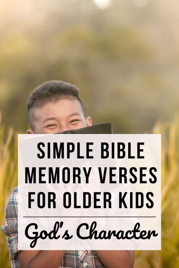 Boy smiles with his eyes as his face is hid partially behind an open Bible. Text overlay reads: simple Bible verses for older kids to memorize