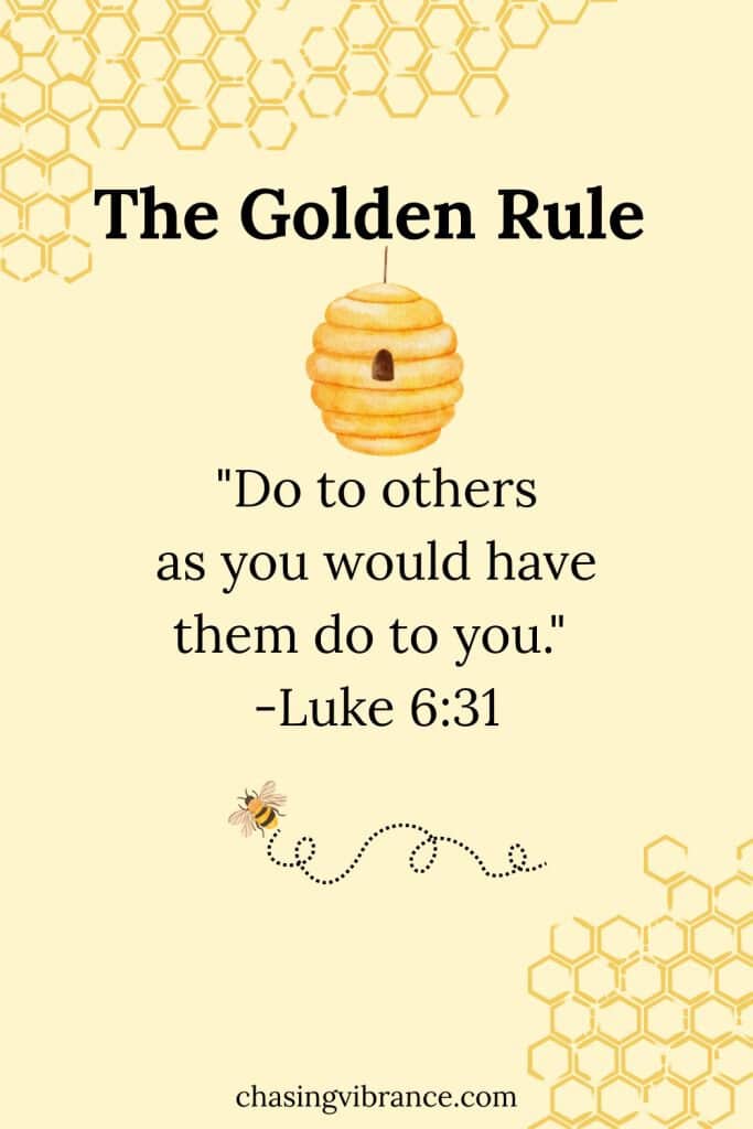the golden rule memory verse graphic with a beehive and small bee