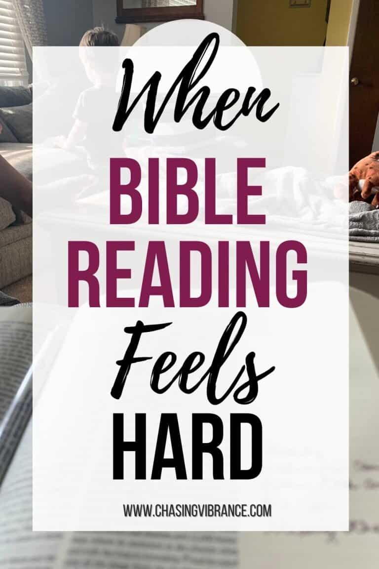 Image of an open Biible on a woman's lap while her preschooler plays in the sunlight. the large text overlay reads: When Bible reading feels hard