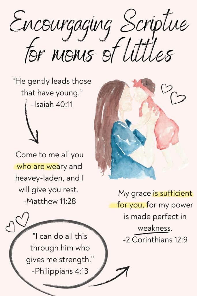 Watercolor image of a mom holding up a baby or toddler in her arms with text overlay "Encouraging Scripture for moms of littles" with written and annotated Bible verses surrounding