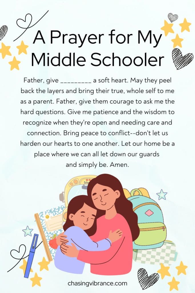 prayer for middle schooler with watercolor illustrations of a mom hugging a middle school student with miscellaneous school supplies in the background and a written out prayer for a middle schooler